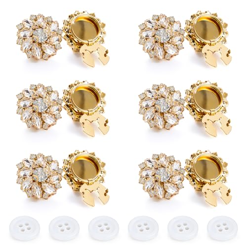 6Pcs Button Covers Cufflinks Set No-Sew Button Covers Clip-On Golden Base with Clear Rhinestones for Women Men Dress Shirts Blouses Tux Shirt Button Decoration(Golden Clear 17.5mm)