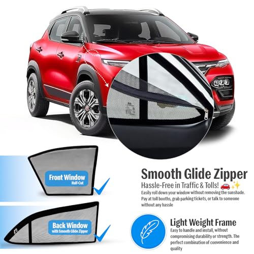Image of Autofact Magnetic Car Sunshades Compatible with Renault Kiger (Set of 4) - Easy Installation, UV Protection, Keeps Car Cool (Front 2 Half-Cut for Side Mirror Visibility, Rear 2 with Zippers)