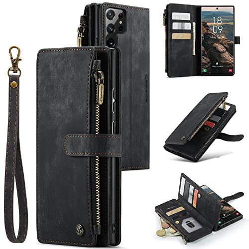 Pochette Samsung Galaxy S22 Ultra 5G étui portefeuille noir avec sangle poignet