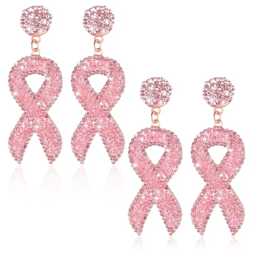 2 Pairs Glitter Breast Cancer Awareness Earrings Ribbon Earrings for Women Breast Cancer Survivor Support Gifts