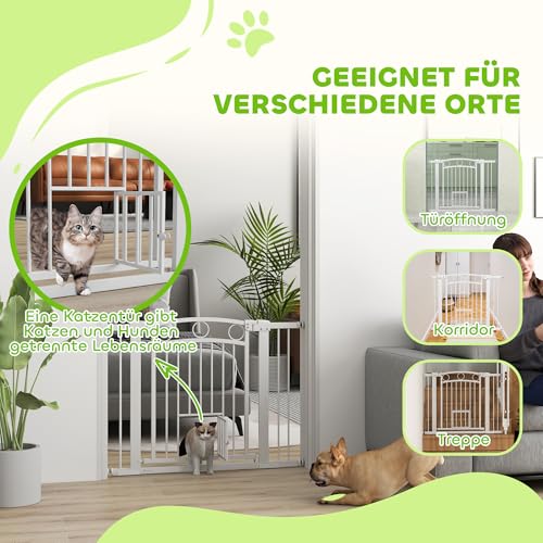 PawHut Türschutzgitter Hund, 76-104 cm Absperrgitter ohne Bohren, Treppengitter aus Stahl, Treppenschutzgitter mit Katzentür, Schutzgitter, Sicherheitsgitter für Treppen, Tür, Flur, Weiß