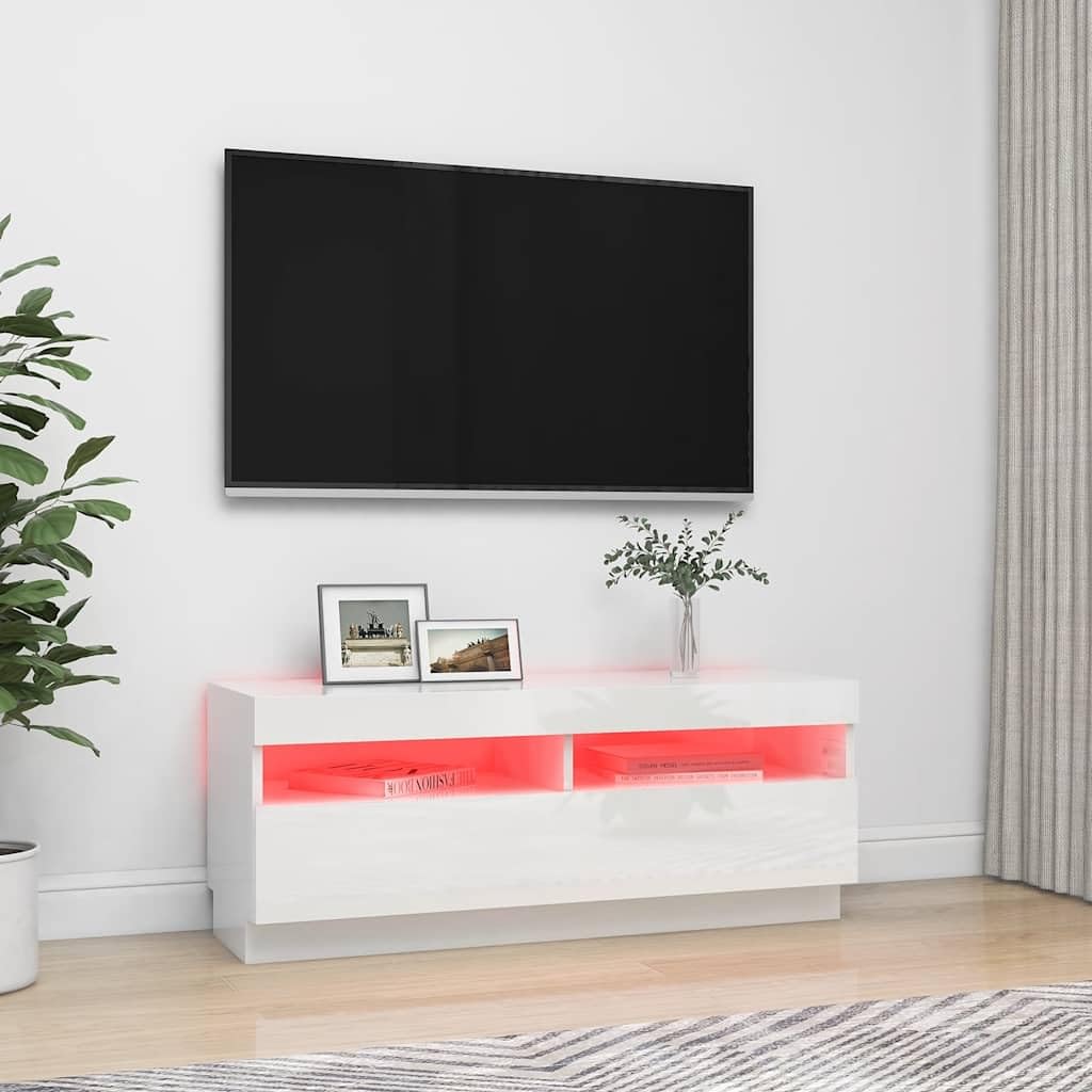Szafka pod telewizor o wysokim połysku, biała, 100 x 35 x 40 cm, z oświetleniem LED RGB, nowoczesne centrum rozrywki do salonu, stabilna podstawka pod telewizor, konsola multimedialna
