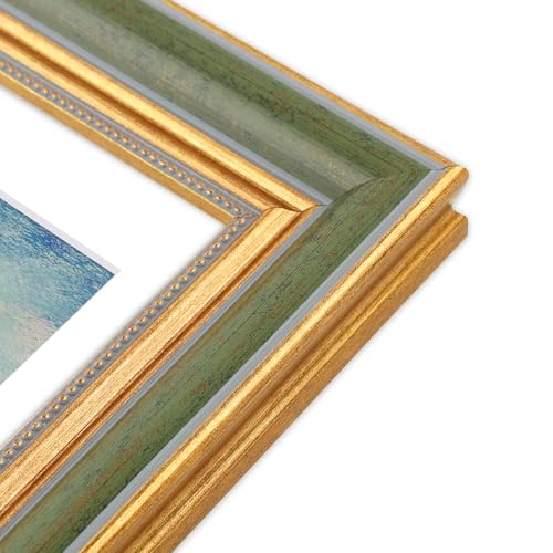 Image of Golden State Art,16x20 Ornate Picture Frame Holds 11x14 Photo,Green Gold | Includes plexiglass front,white mat,build-in hangers and buttons.Displays 11x14 photo on wall