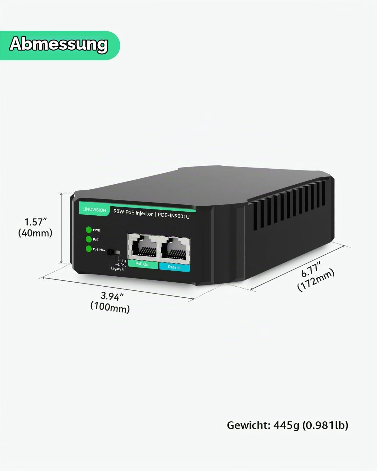 LINOVISION Gigabit 90W 802.3bt PoE Injektor, Kompatibel mit Standard und Nicht-Standard PD Gerät, PoE++ Injektor für PTZ Kamera mit hohem Stromverbrauch, VoIP Telefon