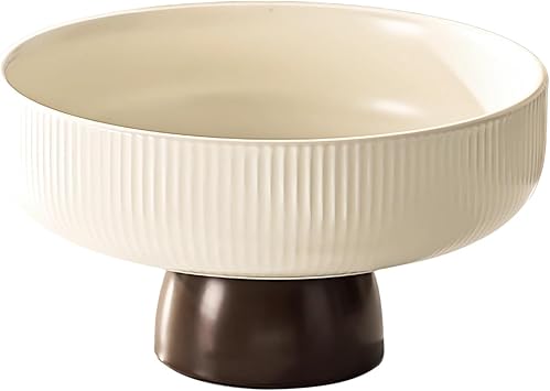 Small White Ceramic Fruit Bowl with High Foot Design, Round Shape, Vertical Stripe Texture for Kitchen Counter, Ideal for Snacks, Fruits, and Decorative Display
