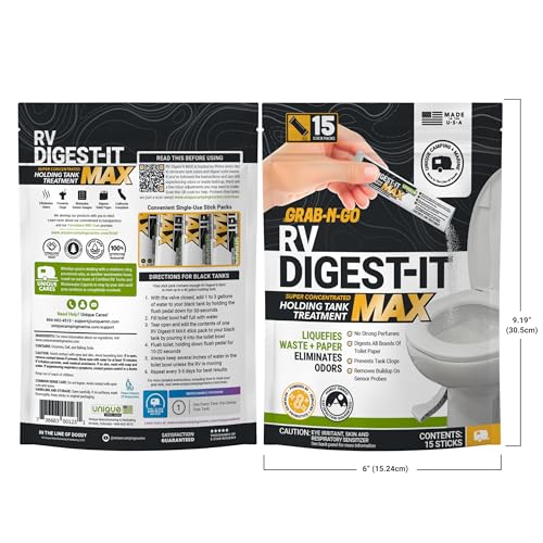 Unique RV Digest-It Max RV Toilet Treatment Stick Packs, 15 Count, No-Mess, Pre-measured, Grab-N-Go Black Holding Tank Treatment, Liquifies Waste and Paper, Odor Eliminator