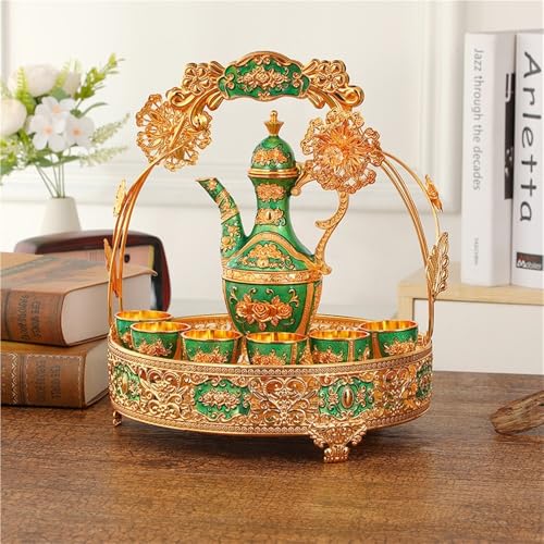 Vintage Turkish Coffee Set with Pot, Tray & 6 Cups, Metal Wine Pot Kit, European Zinc Alloy Tea Serving Set for Weddings, Parties & Living Room Decor(D)