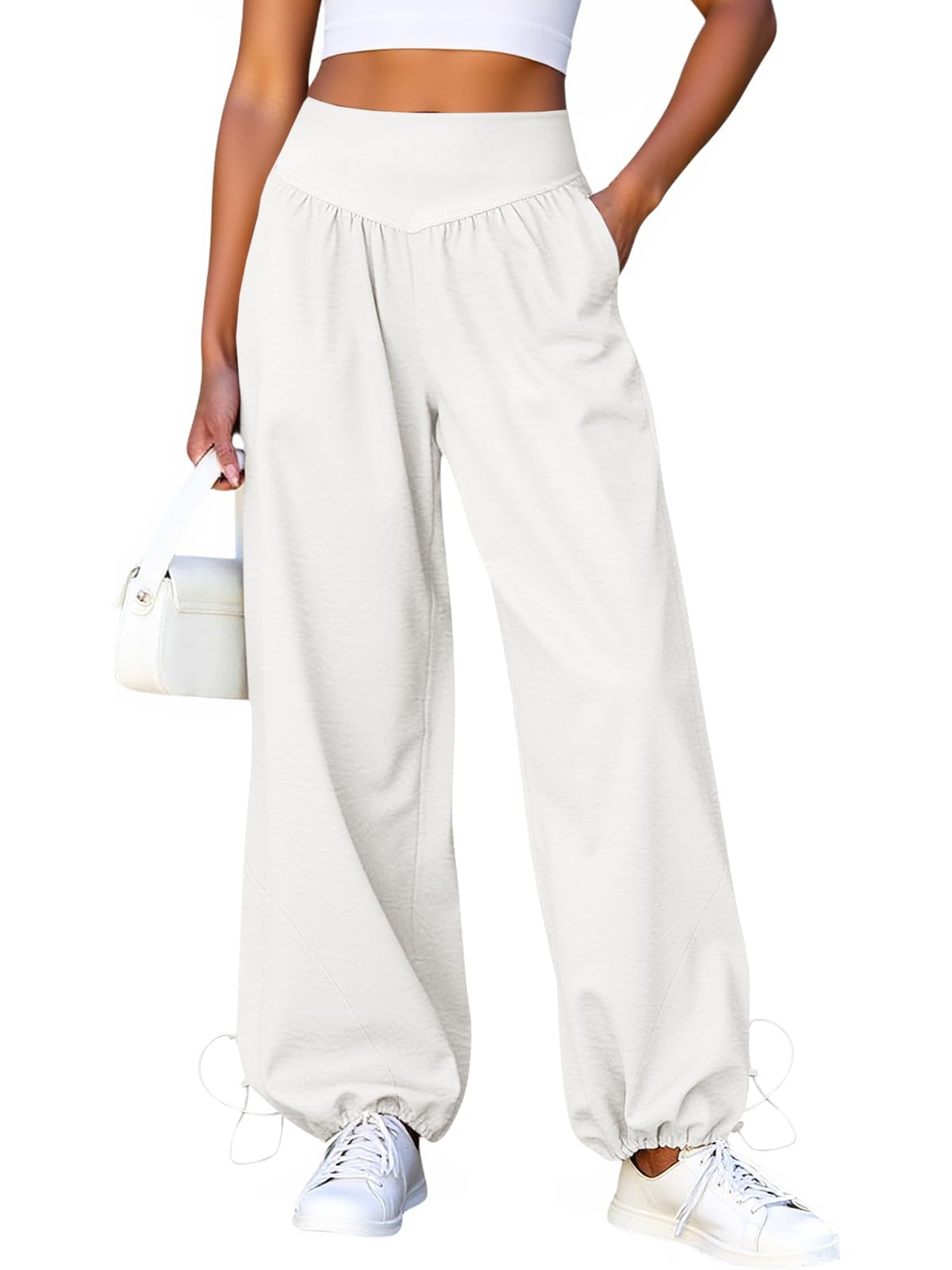 Fisoew Damen Hose mit weitem Bein Lässige Baggy Trainingshose mit hoher Taille Lounge Hose mit Taschen und Kordelzug am Saum