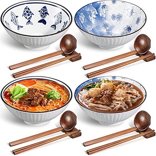 Patelai 4 Sets Ceramic Japanese Ramen Bowls 40 Ounce Large Ceramic Noodle Serving Bowl with Spoons, Chopsticks and Chopstick Stands for Soup, Cereal, Rice, Udon, Asian Noodles (Flower and Fish Style)