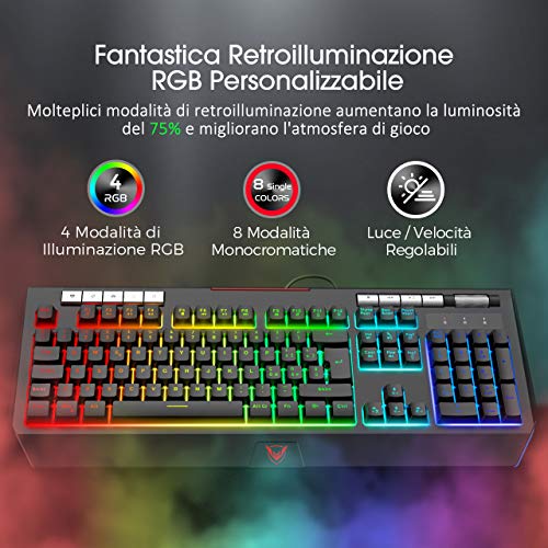 PICTEK Tastiera Gaming RGB, Tastiera da Gaming, Retroilluminazione RGB Regolabile con Striscia Luminosa RGB Laterale/Supporto per Cellulare/Rotellina del Volume, per PC Windows- Layout Italiano
