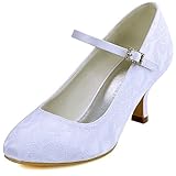 Spangenpumps mit Riemchen Elegantpark EP1085 Mary Jane Runde Geschlossene Zehen Lace Satin Schnalle Pumps Damen Hochzeit Brautschuhe Weiss Gr.38