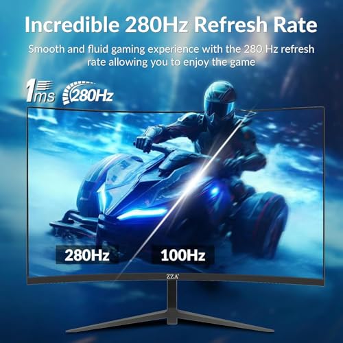 Image of ZZA 27'' 280Hz 240Hz Gaming Monitor, Curved Monitor 1800R VA FHD 1080P 1ms, AMD FreeSync Premium, HDR Ready,120% sRGB, HDMI DP, VESA Mountable, Low Motion Blur, Flicker-Free & Low Blue Light