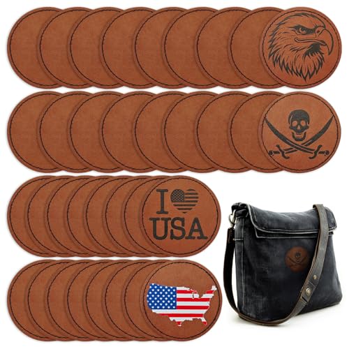 SHELEMB 30PCS Blank Leatherette Hat Patches with Adhesive, Round Laser Ready Faux Leather Patches for Hats