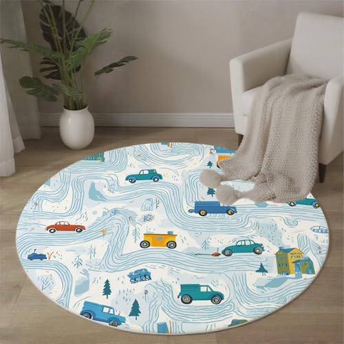 Tapis salon rond diamètre 160cm bleu clair doux antidérapant - 5