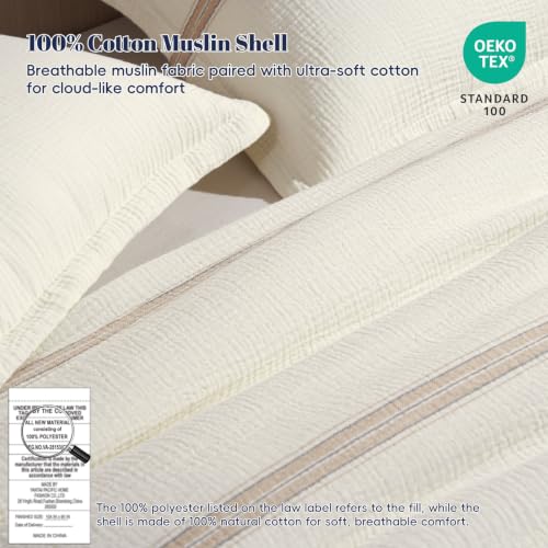 Image of PHF Cotton Muslin Comforter Set Queen - 100% Cotton Cover, Ultra Soft & Breathable, 3PCS Lightweight All-Season Bedding with Polyester Fill, 1 Comforter 90 inchx90 inch & 2 Pillow Shams 20 inchx26 inch, Ivory