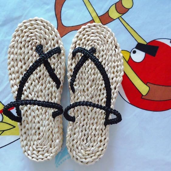 Handmade Straw Sandals Casual Rattan Woven Slipper Massage Shoes Summer Braided Sandals Cosplay Woven Slippers (Rubber Soles,Men 10/ Women 11.5- EU44)4