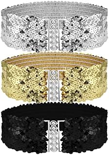 Thinp Grevosea 3 Pieces Sequin Belt Dress Belts for Girls, Gold Wide Waist Belt Elastic Stretch Waistband Cinch Belt Metal Buckle for 70s 80s Costume Party Disco Party Women Girls (Gold Silver Black)