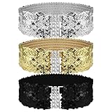 Thinp Grevosea 3 Pieces Sequin Belt Dress Belts for Girls, Gold Wide Waist Belt Elastic Stretch Waistband Cinch Belt Metal Buckle for 70s 80s Costume Party Disco Party Women Girls (Gold Silver Black)