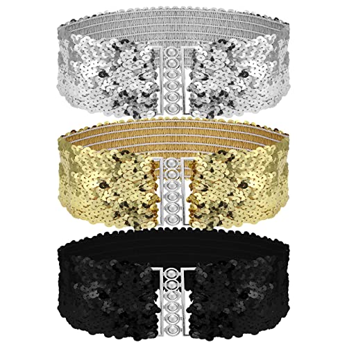 THINP Grevosea 3 Pieces Sequin Belt Dress Belts for Girls, Gold Wide Waist Belt Elastic Stretch Waistband Cinch Belt Metal Buckle for 70s 80s Costume Party Disco Party Women Girls (Gold Silver Black)