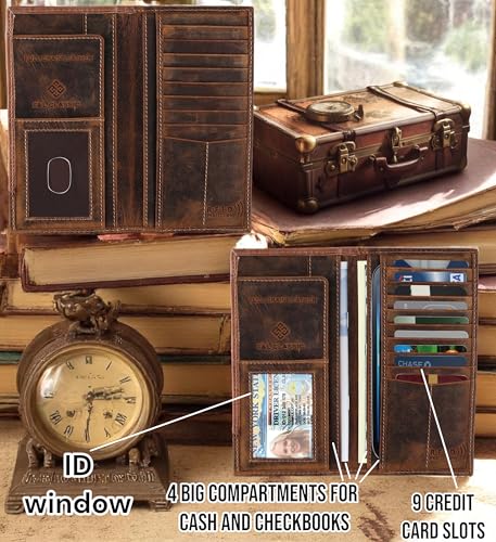 Image of F&L CLASSIC Men's RFID Vintage Look Genuine Leather Long Bifold Wallet Checkbook Wallets, brown 83, 6 6 /8 inch X 3 5 /8 inch Inches, Retro