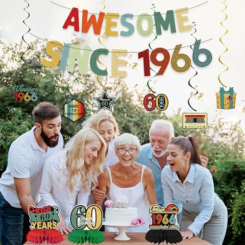 Image of Crenics Vintage 1966 60th Birthday Decorations for Men or Women | Awesome Since 1966 Banner, Honeycomb Centerpieces and Hanging Swirls for 60 years old Party Supplies