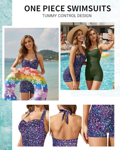 Image of Tempt Me Women Tummy Control One Piece Swimsuits with Shorts | Ruched, Retro bathing Suit, Boyleg, Halter, Vintage, Built-in padded cups