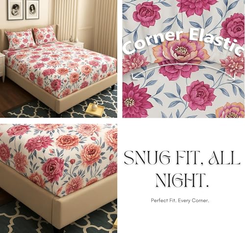 Image of HOMEKART 120 TC Cotton Rich Elastic Corner Fitted Bedsheet with 2 Pillow Covers | Double Bed 72x68+6 Inches | Wrinkle-Free, Super Soft & Breathable Floral Design | Pink