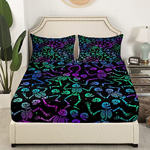 Erosebridal Sugar Skull Bed Sheets Halloween Sheet Set King Size Green Blue Purple Ombre Fitted Sheet For Kids Boys Girls Skeleton Bones Bedding Set Soft Horror Theme Bedroom Decor 4Pcs thumb #3