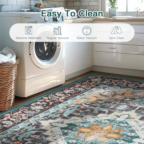 Lofus 6x9 Area Rugs for Living Room, Washable Area Rug, Rugs for Bedroom, Kitchen, Vintage Boho Carpet, Soft Non-Slip, Low Pile Large Area Rug for Office Dining Room, Floral Green