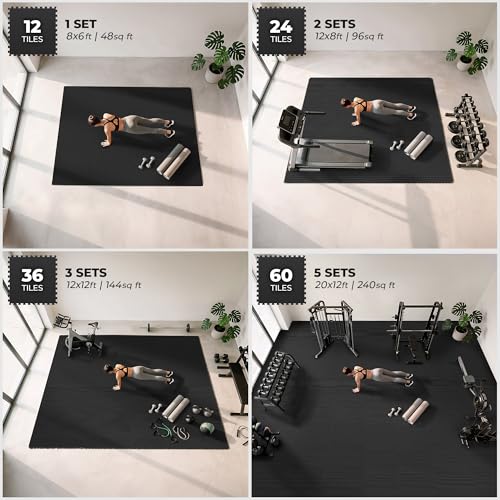 Image of bemaxx Gym Mats Set - 12 pcs EVA Interlocking Foam Floor Tiles (24.4 inchx24.4 inchx0.4 inch) 48 sqft Protective Gym Flooring Sports Home Workout Exercise Mats Puzzle Garage Fitness Play-Room Pool Treadmill Bike