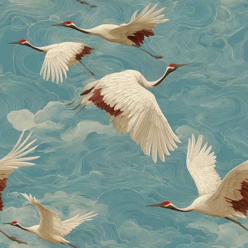 PODUFF Chinoiserie Crane Peel and Stick Wallpaper, Vintage Asian Art Wallpaper for Home Decor | Self-Adhesive Vinyl, 17.7" x 118"