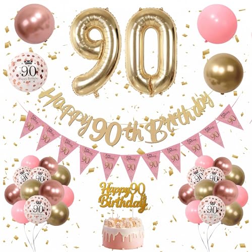 90th Birthday Decoration for Women - Gold Happy Birthday Banner Retro Pink and Rose Gold Balloons Confetti Latex Balloons Cake Topper for Party Decorations