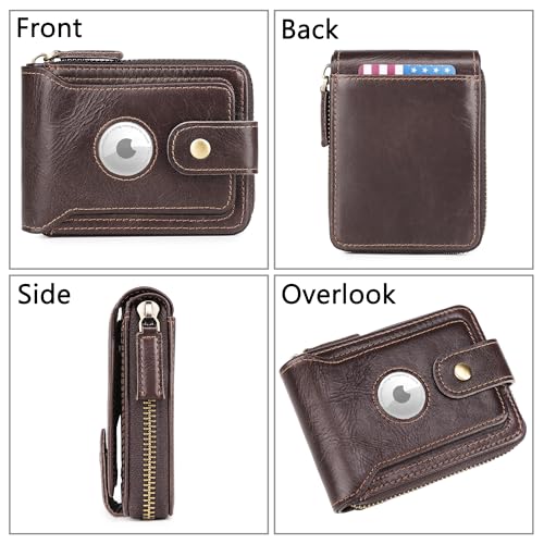 Image of Airtag Wallets For Men With Zipper RFID Blocking Leather Bifold Mens Wallet - Big Capacity Credit Card Travel Wallet - Flap ID Window Zip Coin Pocket (Coffee)