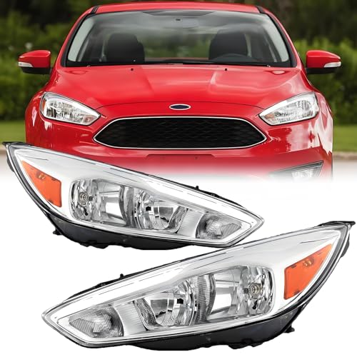 Aresparts LED DRL Headlights Assembly w/Bulbs For 2015-2018 Ford Focus S SE ST SEL Titanium Sedan Hatchback Replacement Halogen front Headlamps With Aluminum Bezel Clear Lens (LH&RH)