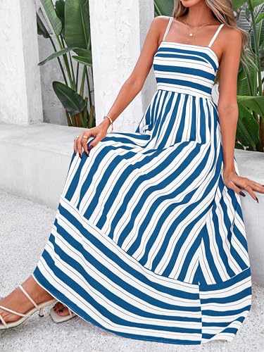 Image of PRETTYGARDEN Women Summer Maxi Dresses 2026 Spaghetti Strap Boho Floral Striped Wedding Guest Beach Vacation Flowy Long Dress