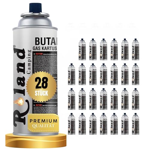 Roland Camping Butan Gaskartusche 227g – 28 Stück Gaskartuschen für Schweißbrenner Gaskocher, Lötbrenner & Heizung – Premium Qualität Butangas mit oder ohne Gasbrenner (28 Stück)