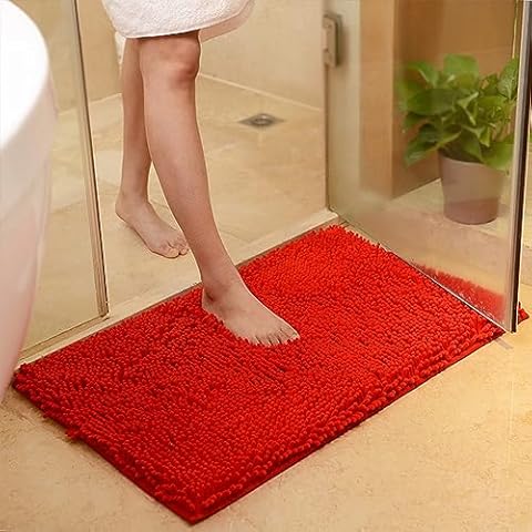 JAIJY Red Rectangle Chenille Bath Rug Non-Slip Bathroom Mat Soft Absorbent Plush Shaggy Rugs Washable Quick Dry Rug Pad Floor Mats Solid Carpet or Shower, Bedroom, Bathtub, 13"x19" Cover