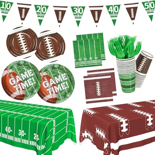 Mulbozy Football Party Supplies Kit Serve 24, Football Party Decorations 2026, Includes Football Plates and Napkins Cups, Forks, Banner, Tablecloth for Football Themed Birthday Sport Party