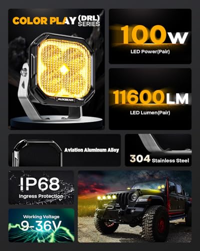 Image of Auxbeam Color Play Series DRL & Turn Signal 3-Inch Offroad Lights 2-Pack | 11600LM 100W, Dual Color Amber White, Light Covers, Wide Reflective Cup, TIR Optics, 3x3 Cube Pods, A-Pillar Ditch Lights