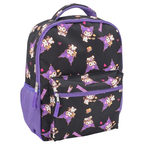 Image of AI ACCESSORY INNOVATIONS Hello Kitty 16 inch Backpack With Front Pocket for Girls, Allover Print Bookbag featuring Kuromi, Black