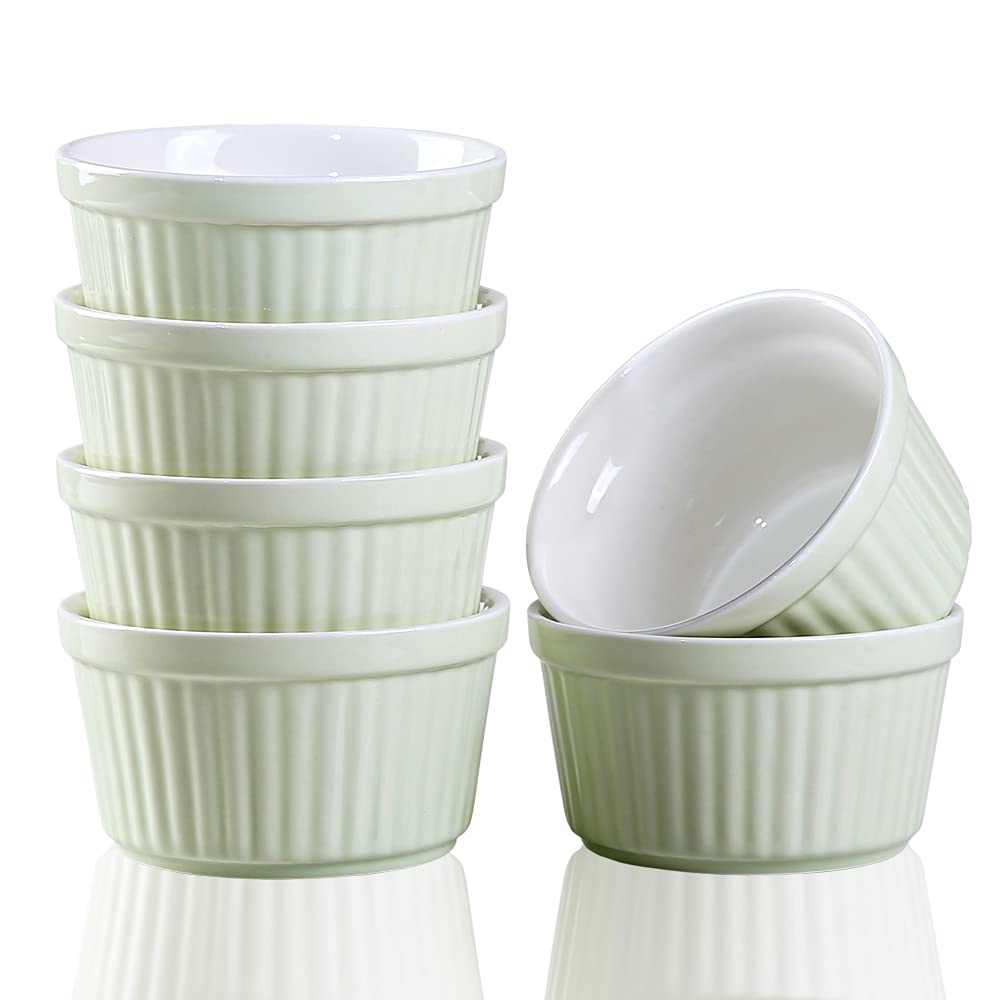 YAZYLIFE Ramekins 6oz Oven Safe,Creme Brulee Ramekin and Souffle Dishes,Porcelain Baking Bowls,Dipping Sauce Dish.Pudding Cups,Set of 6,Green.