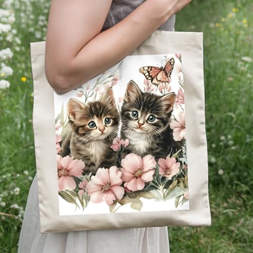 Cat Women Canvas Tote Bag - Cute Aesthetic Reusable Grocery Shoulder Bags for Gifts, Shopping, Travel, Vacation3