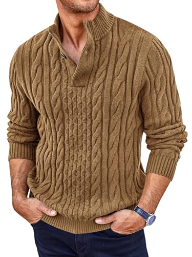 Runcati Mens Cable Knit Pullover Sweater Casual Stand Collar Chunky Buttons Fall Winter Sweaters