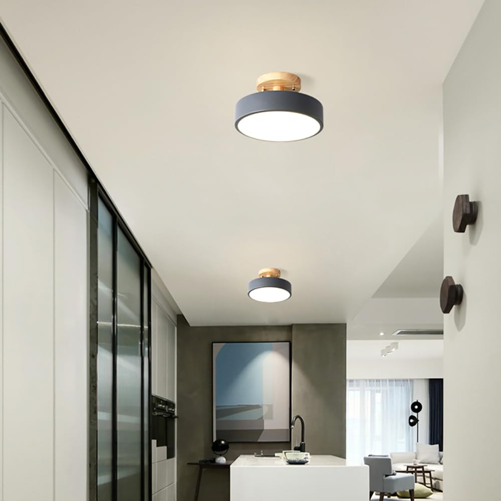 Lampa sufitowa LED, 1 ściemniana lampa, 23 cm (9 cali), nowoczesny styl, podtynkowa, drewniana, 12 W, do salonu, sypialni, kuchni, kuchni, regulowana temperatura barwowa, szara.