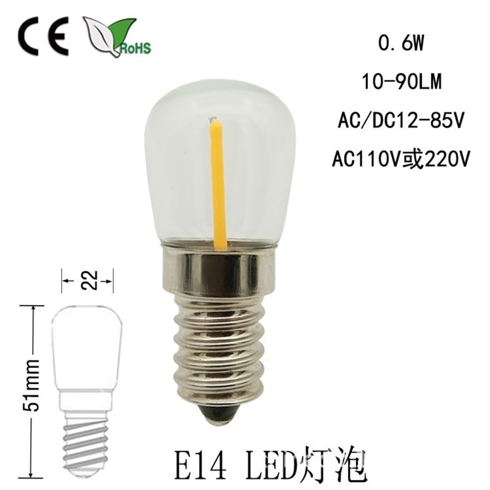 HHF Iluminación del hogar, Paquete de 50 Bombillas LED de filamento for refrigerador, T22 E14/E2, 1 W, 12 V CC, Edison, for lámpara Colgante.(White 6500K,E14 Transparent)