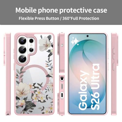 Image of VONZEE Compatible with Samsung Galaxy S26 Ultra 5G Case Luxury Retro Flowers Floral Clear for Magnetic Wireless Charging Case Shockproof PC+TPU Cute Glossy Shiny Cover for Girls Women, Pink
