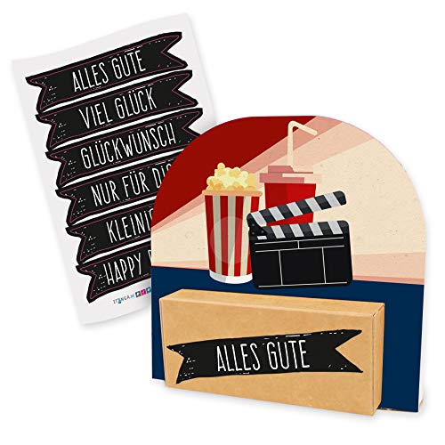 itenga Geldgeschenk oder Gutschein Verpackung Geschenkaufsteller Motiv/Anlass Kino Film Popcorn Kinogutschein mit Stickerbogen aus Karton 12x11,5cm