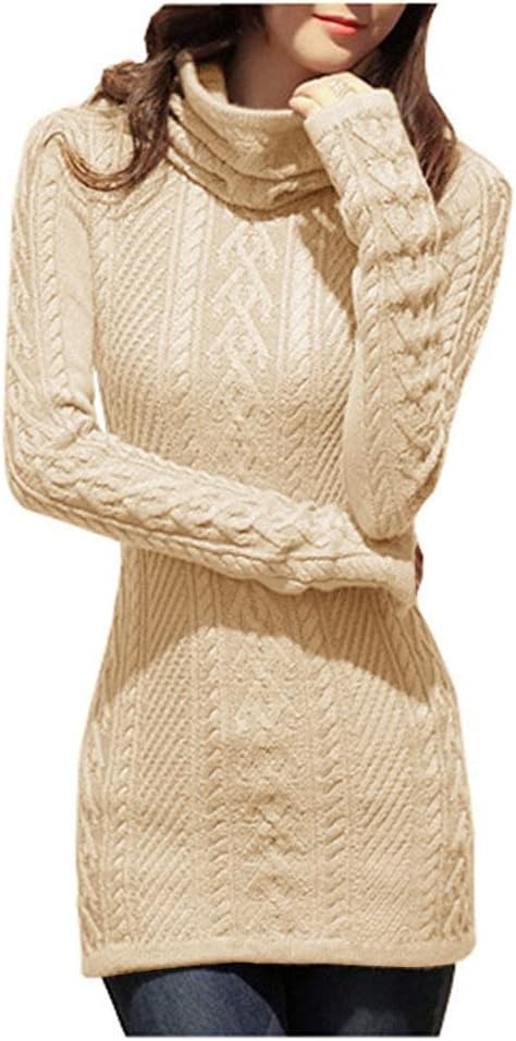 v28 Women Polo Neck Long Slim Fitted Dress Bodycon Turtleneck Cable Knit Sweater - Image 2