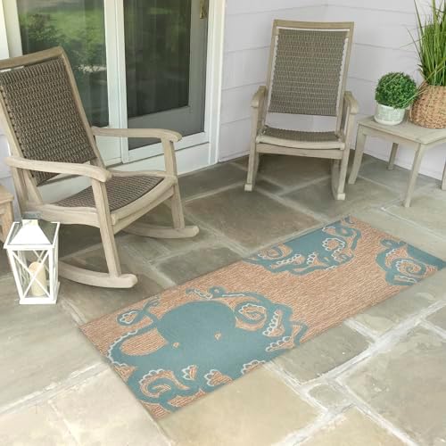 Liora Manne Frontporch Indoor Outdoor Rug - Novelty Design, Hand Hooked, Weather Resistant, UV Stabilized, Foyers, Porches, Patios & Decks, Octopus, 2' x 5'