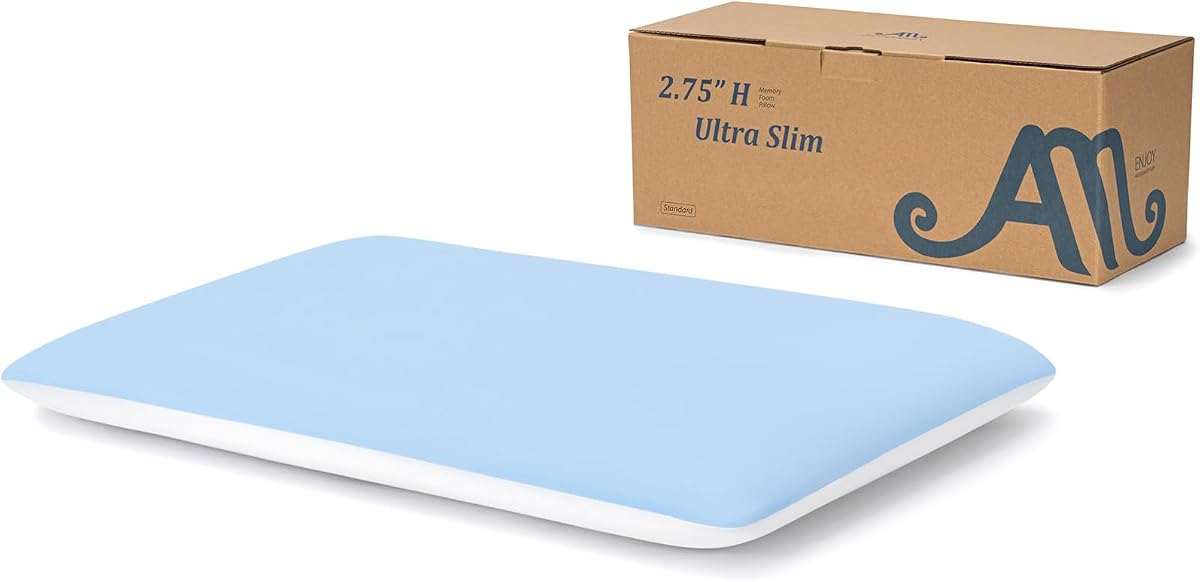 AM AEROMAX Almohada plana de espuma viscoelástica de tamaño estándar de 2,75", perfil bajo | Alivio del dolor de cuello | personas que duermen boca abajo/boca arriba | sensación plana ultradelgada | menos presión | alineación cervical | funda lavable